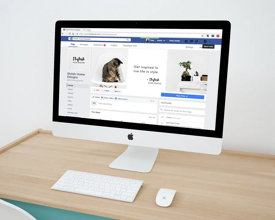 Apple iMac displaying a Facebook business page for Stylish Home Designs, representing the work of a digital marketing company in Kuwait.